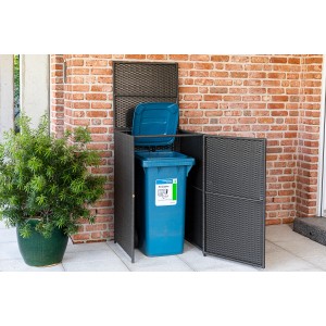 Graue Merxx Mülltonnenabdeckung (64x64x109 cm) mit geöffneten Türen und blauer Mülltonne.