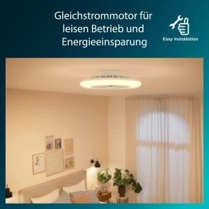 Weißer Philips Deckenventilator Amigo mit LED-Leuchte im Schlafzimmer. Leise, energiesparend, einfache Montage.