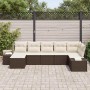 Braunes 7-teiliges vidaXL Garten-Sofa-Set aus Poly Rattan mit Kissen.