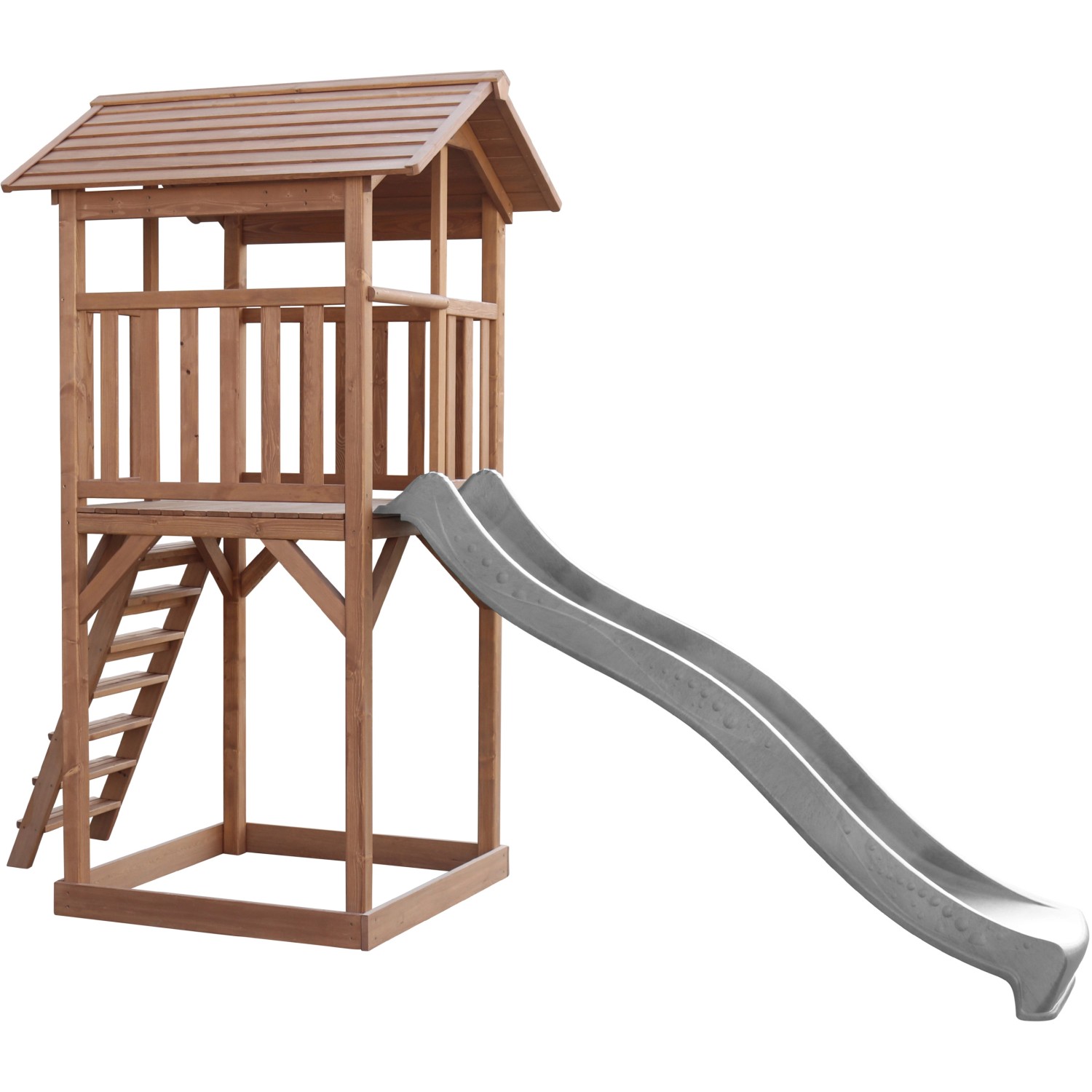 Axi Beach Tower Spielturm aus Holz mit grauer Rutsche, Leiter und Sandkasten.