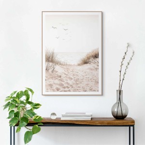 Gerahmtes Dünen Bild (70x50 cm) in Beige für Wohnzimmer. Wanddeko mit Strandmotiv.