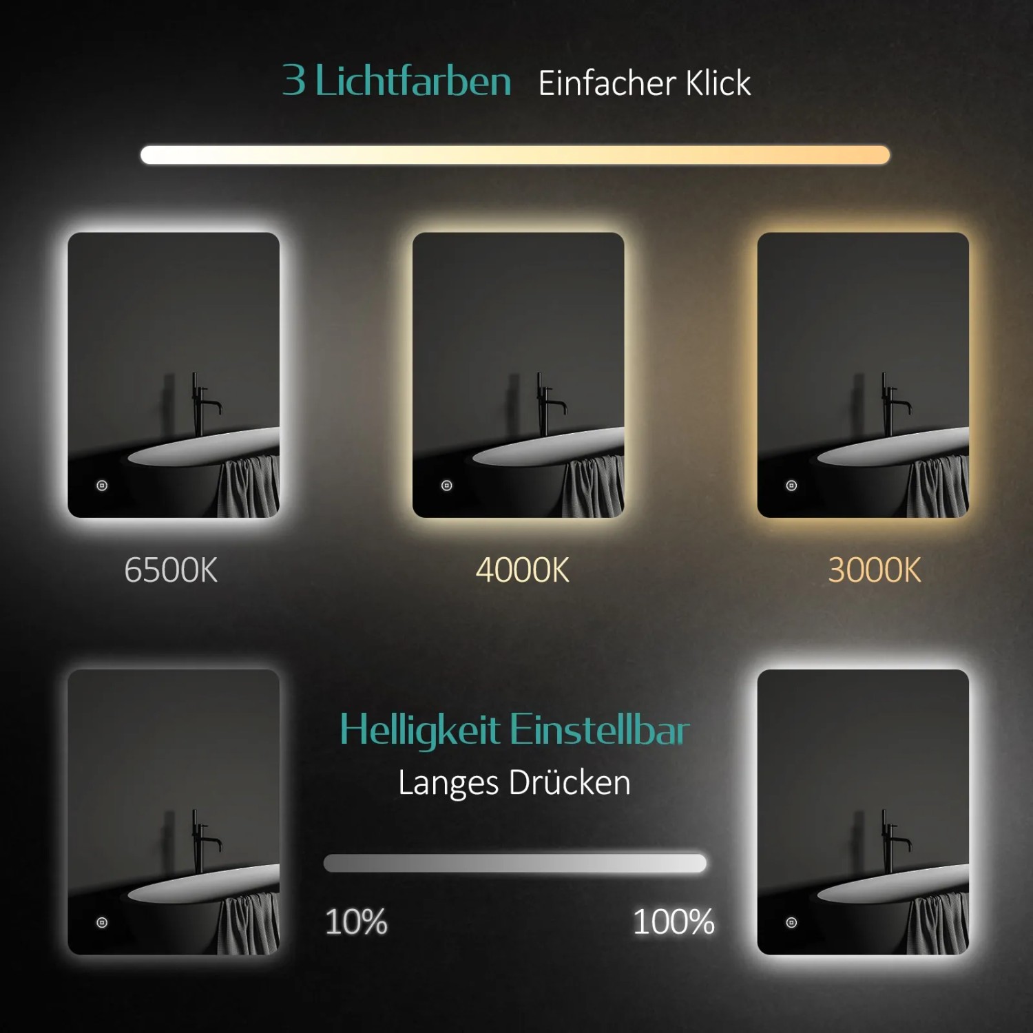 Emke Badspiegel LED: Helligkeit und 3 Lichtfarben (Kaltweiß, Warmweiß, Neutralweiß) einstellbar.