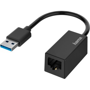 Schwarzer Hama Netzwerk-Adapter USB zu LAN Gigabit Ethernet für schnelle Datenübertragung.