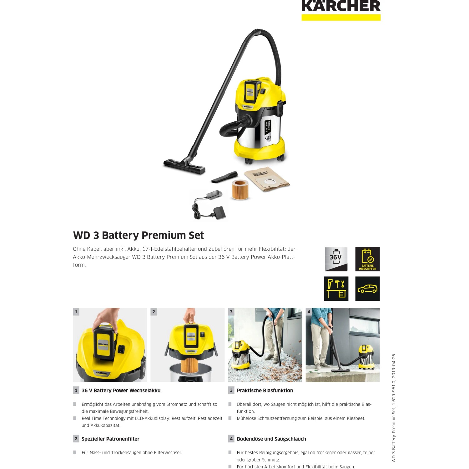 Kärcher Akku-Mehrzwecksauger WD 3 Battery Premium Set mit Zubehör und Edelstahlbehälter.