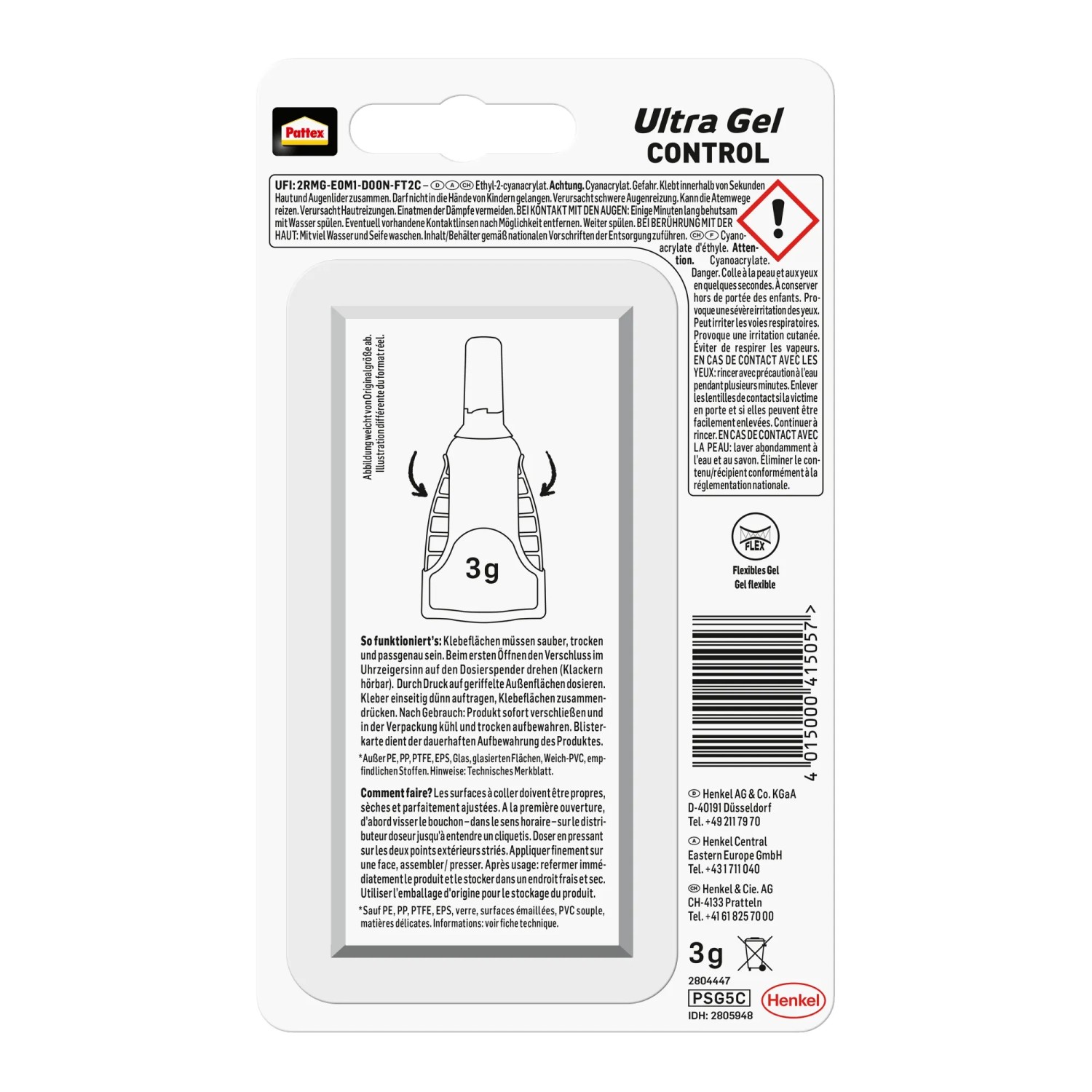 Pattex Sekundenkleber Ultra Gel Matic 3g im Dosierspender für präzises Kleben.
