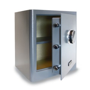 Offener, grauer mySafe Premium Möbeltresor mit Fingerprint und Zahlencode.