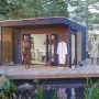 Skan Holz Gartenhaus Tokio 4, schiefergrau, 402x402 cm. Holz-Gartenhaus mit Flachdach und Terrasse.