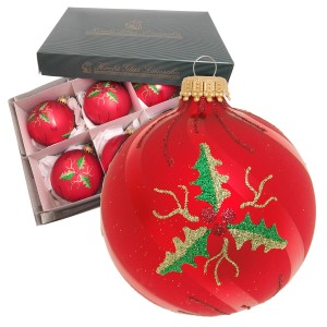 Weihnachtskugeln Set: 6 rote Glasornamente (8cm) mit Ilex-Dekor von Krebs Glas Lauscha.