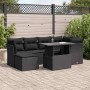 Schwarze 7-teilige Garten-Sofagarnitur aus Rattan mit Tisch und Kissen für Terrasse und Garten.