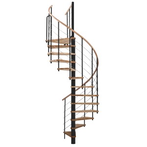 Minka Spindeltreppe Venezia Buche Schwarz, Durchmesser 120 cm. Wendeltreppe mit Holzstufen und Metallgeländer.