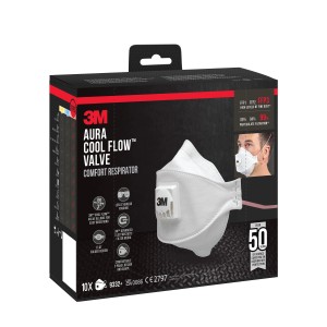 3M Aura Atemschutzmaske FFP3 mit Ventil, 10er-Pack. Komfortmaske für hohe Feinstaubkonzentration.