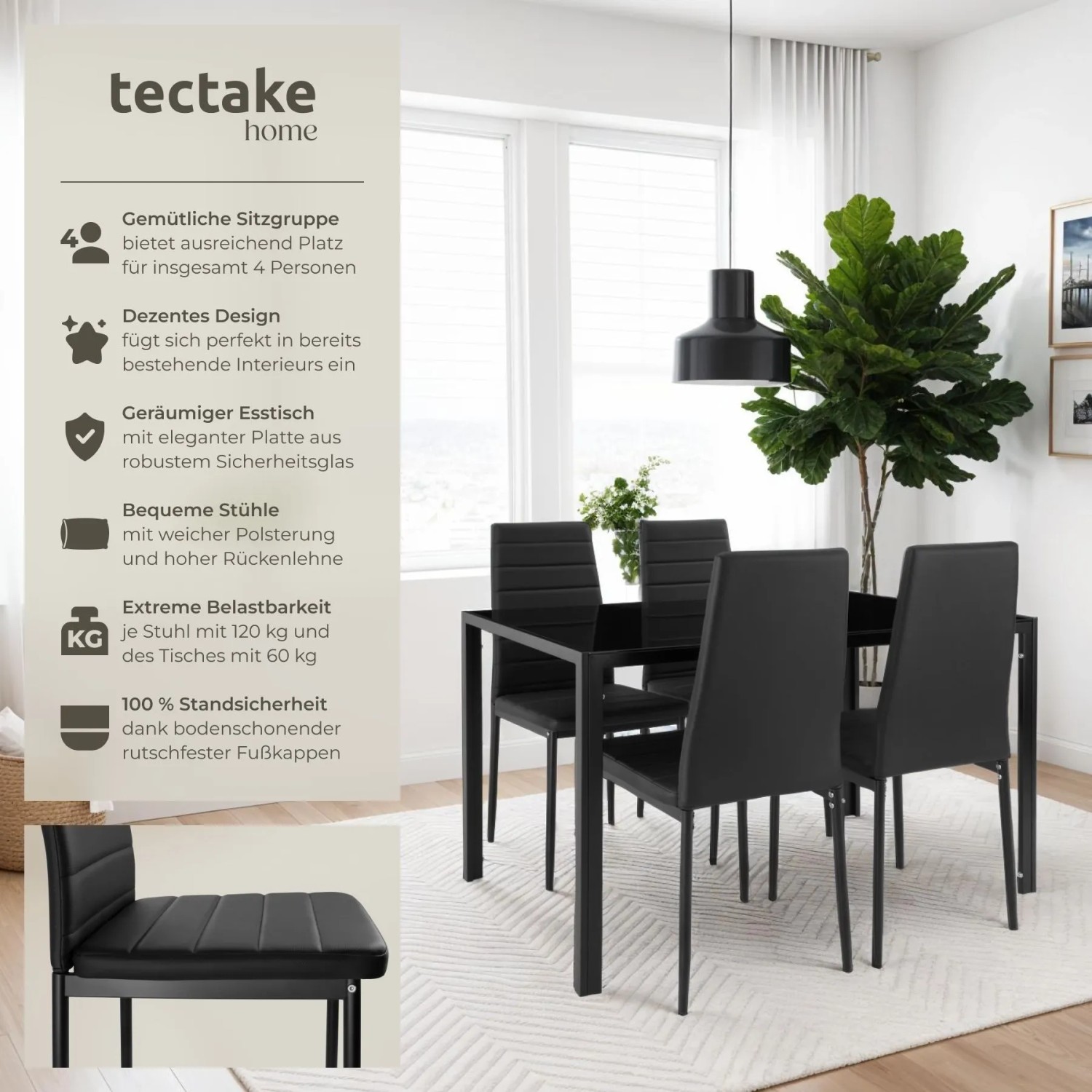 Tectake Esszimmergruppe Berlin 5 Teilig Esstisch Mit 4 Stühlen  120 x 70 x 75 cm Schwarz_2