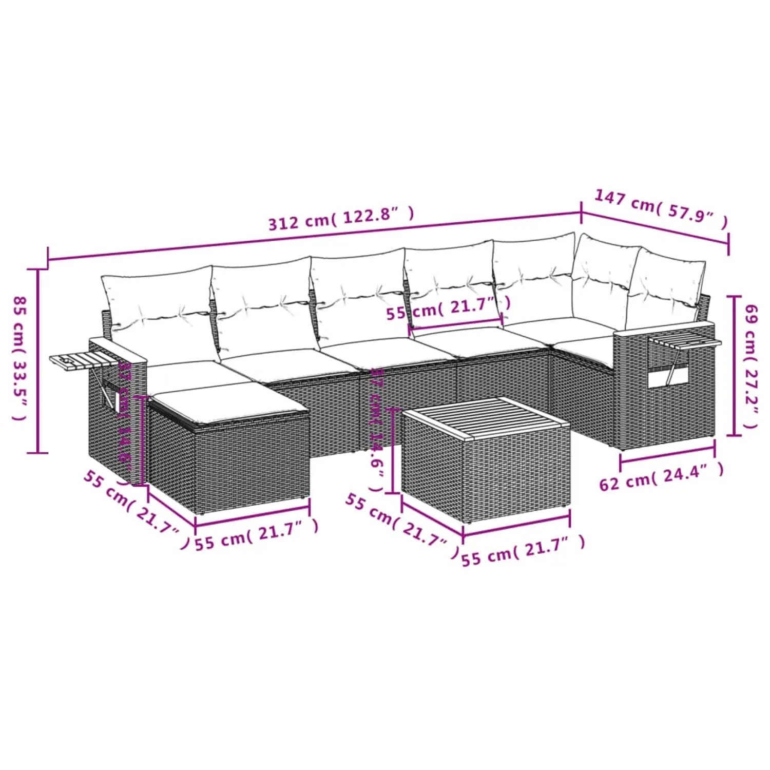 vidaXL 8-tlg. Garten-Sofagarnitur, beige Poly Rattan, mit Maßen. Ideal für Terrasse und Garten.