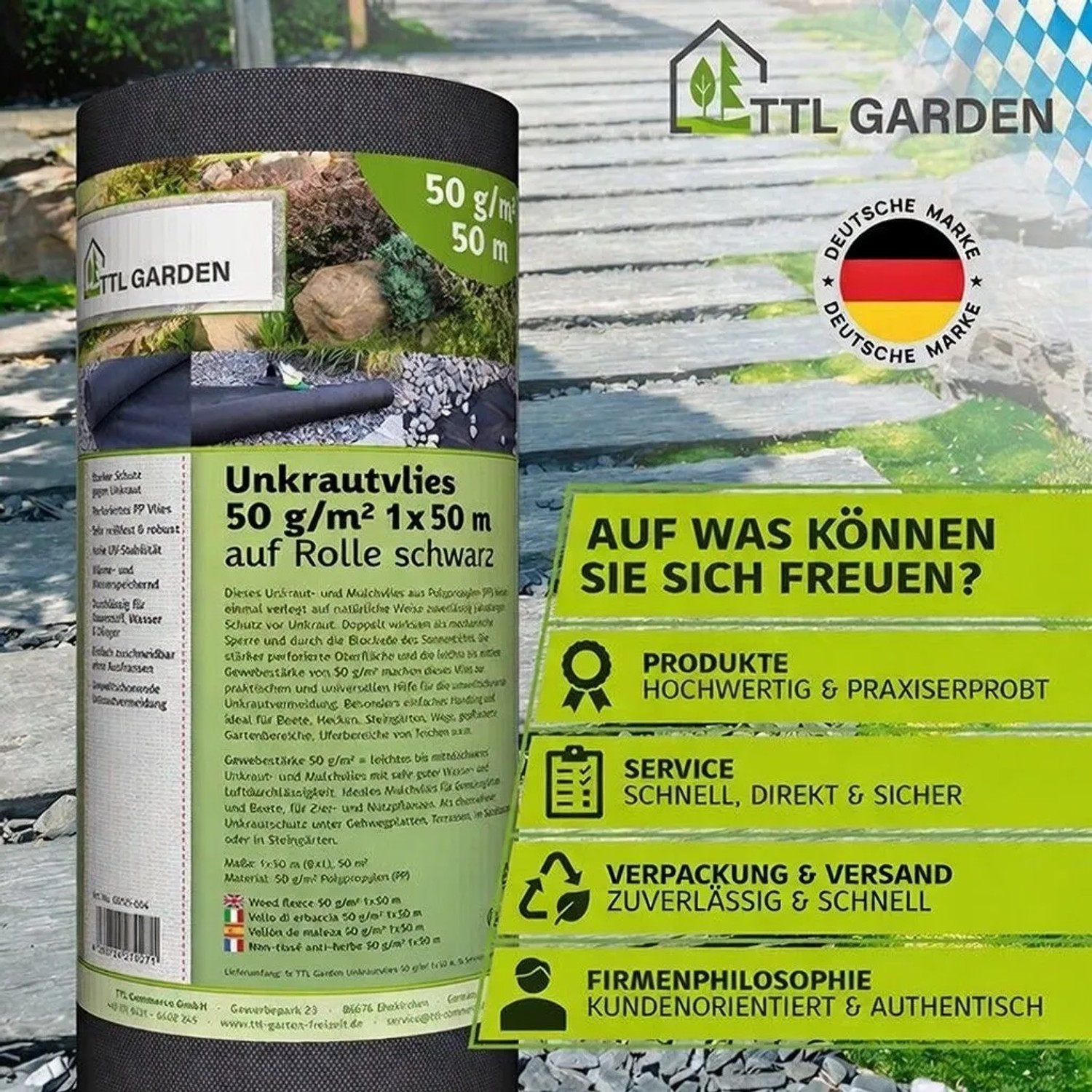 TTL Garden Unkrautvlies 50g/m², Rolle 1x50m, schwarz. Gartenvlies zur Unkrautbekämpfung.