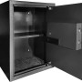 Offener, anthrazitfarbener KARAT Tresor Safemaxx mit elektronischem Schloss, 50x35x31 cm, 43 Liter.
