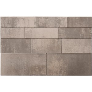 Mehrformatige Terrassenplatten Parchetto-Largo Cappuccino in verschiedenen Grautönen.