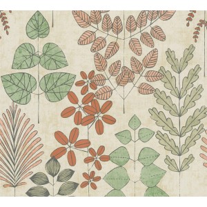 Vliestapete mit skandinavischem Blätter-Muster in Rot und Grün auf hellem Hintergrund. Dekorative Wandgestaltung.