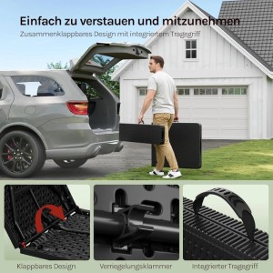 Mann lädt schwarze, klappbare WOLTU Bierzeltgarnitur in Auto. Zeigt Tragegriff, Faltmechanismus und Verriegelung. Gartenmöbel.