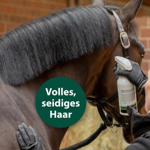 Pferdepflege: Equisept Schweif- und Mähnenpflege wird auf ein Pferd aufgesprüht.