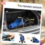 Zusammengeklappter blauer PawHut Hundewagen im Kofferraum, mit Maßangaben. Unten: Details zum Klappmechanismus.