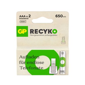 GP Recyko AAA Akku, 650 mAh, 2er-Pack, wiederaufladbar, ideal für DECT Telefone.