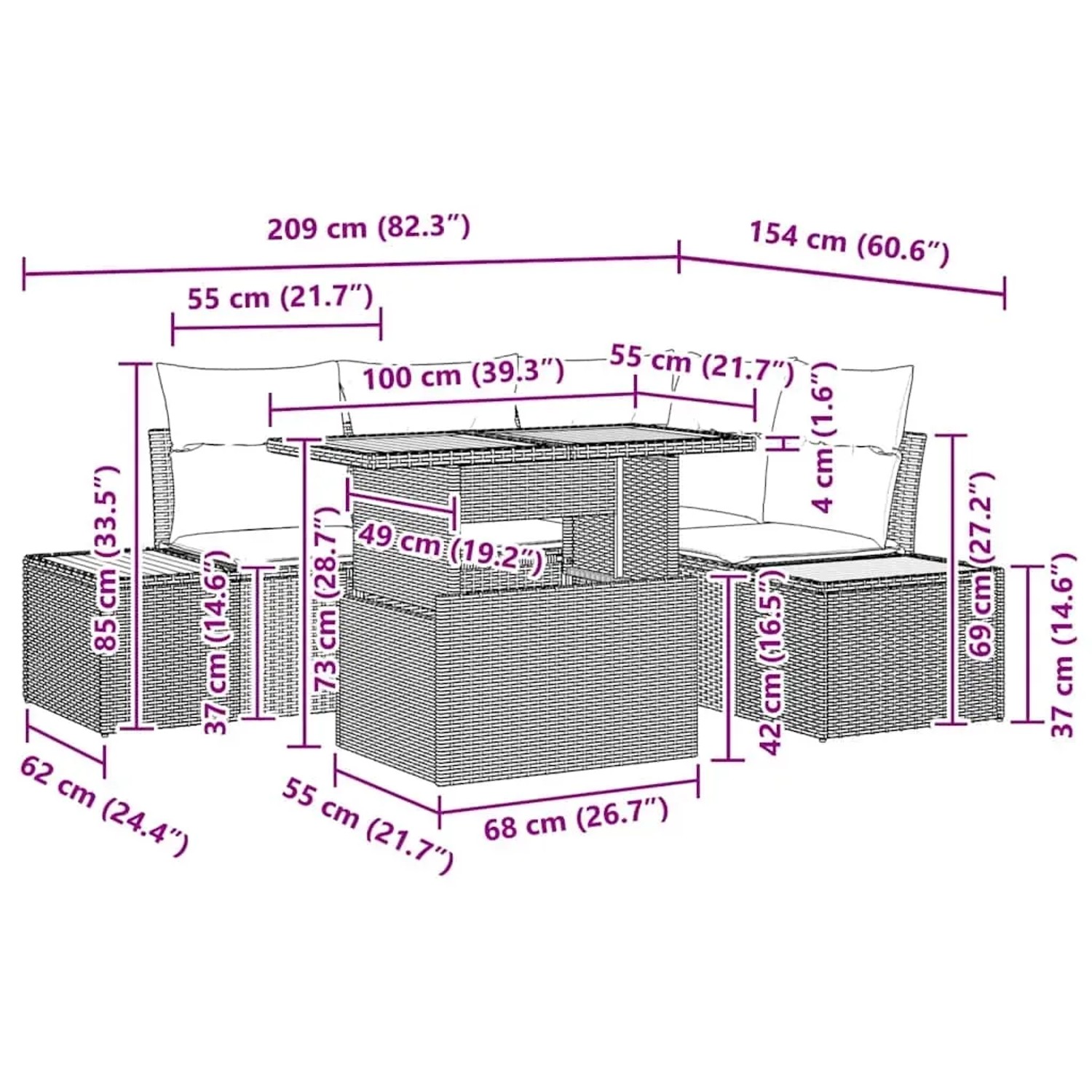 Graues 5-tlg. vidaXL Garten-Sofa-Set mit Stauraum aus Poly Rattan, Maße eingezeichnet.