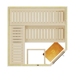 Weka Element-Ecksauna Varberg 3 Sparset, Aufsicht: Fichte, Ofen, Glastür, Liegen.