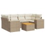 7-teilige Garten-Sofagarnitur Beige Poly Rattan mit Tisch und cremefarbenen Kissen.