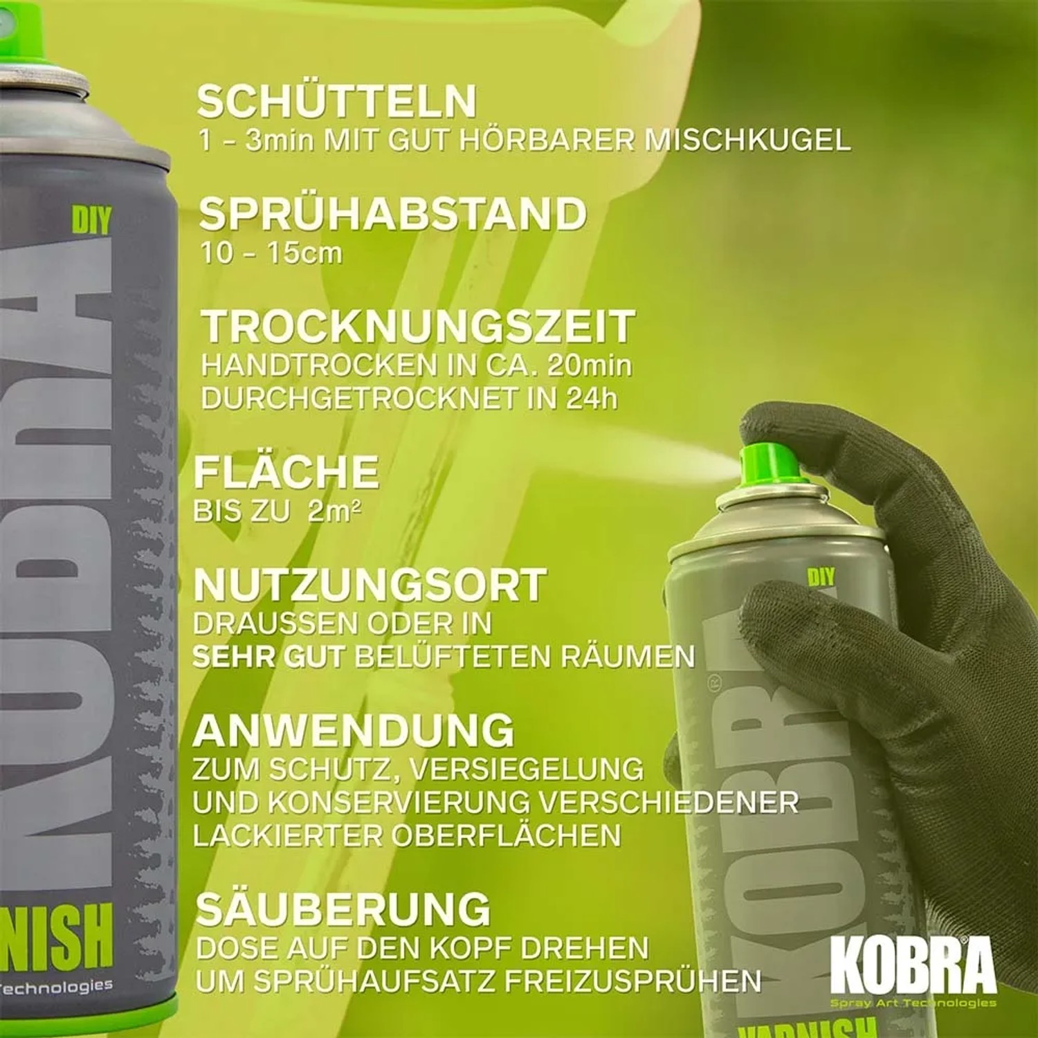 Sprühdose Kobra Klarlack matt in Anwendung, DIY Acryl Lack für universellen Einsatz.