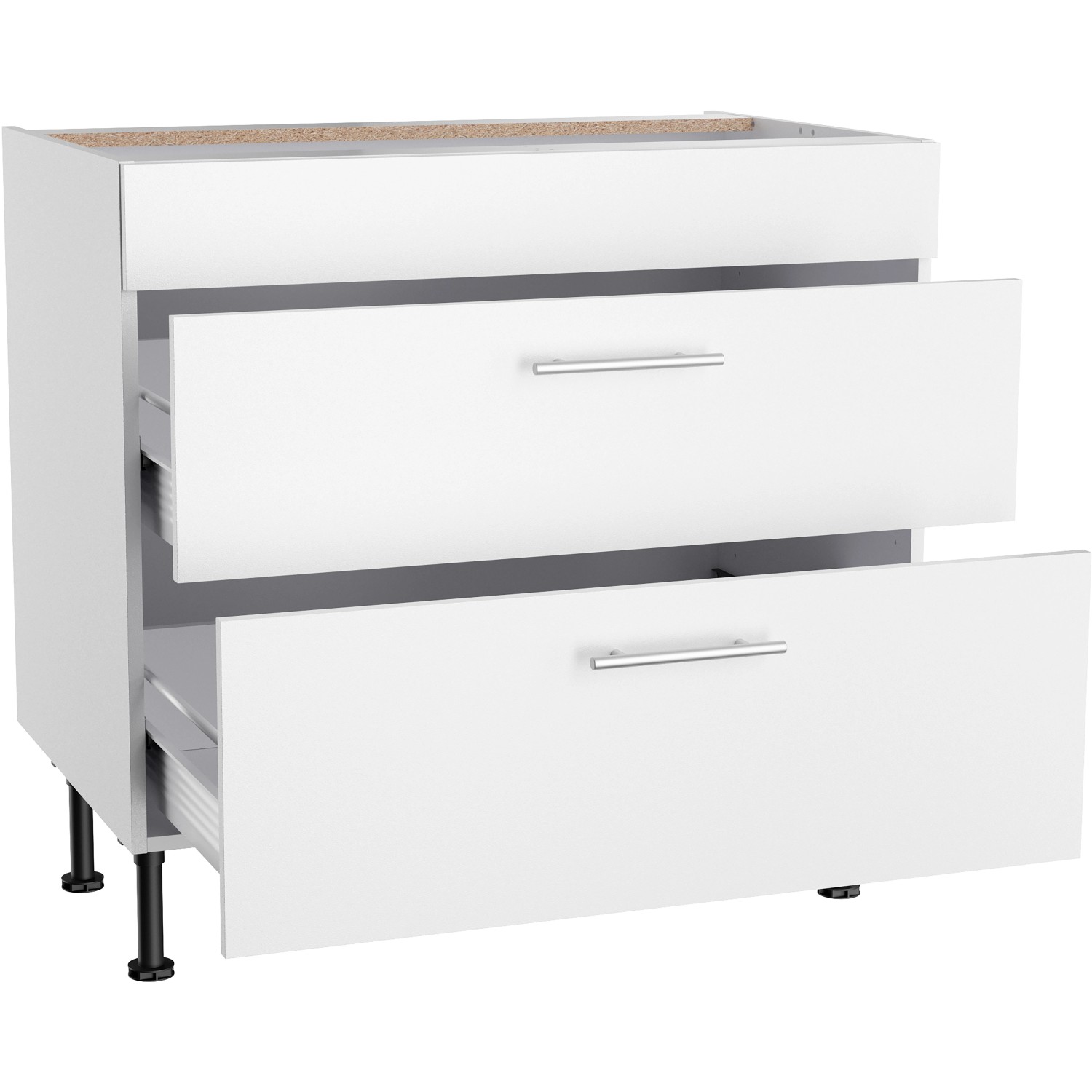 Weißer Optifit Unterschrank Bengt932 mit 2 Auszügen, 90x87x58,4 cm, für die Küche.