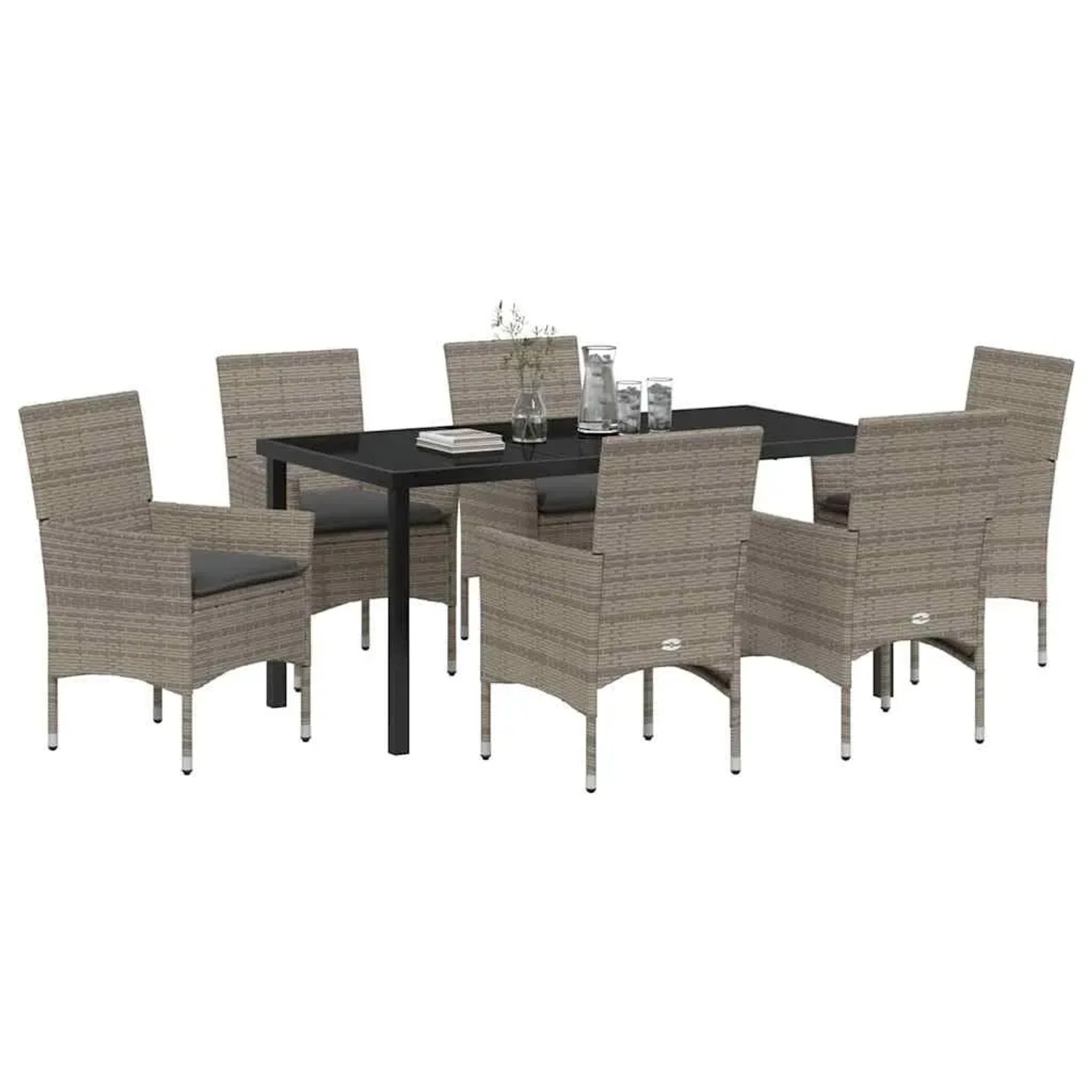 Graue 7-teilige vidaXL Garten Essgruppe aus Polyrattan mit Tisch und Stühlen.
