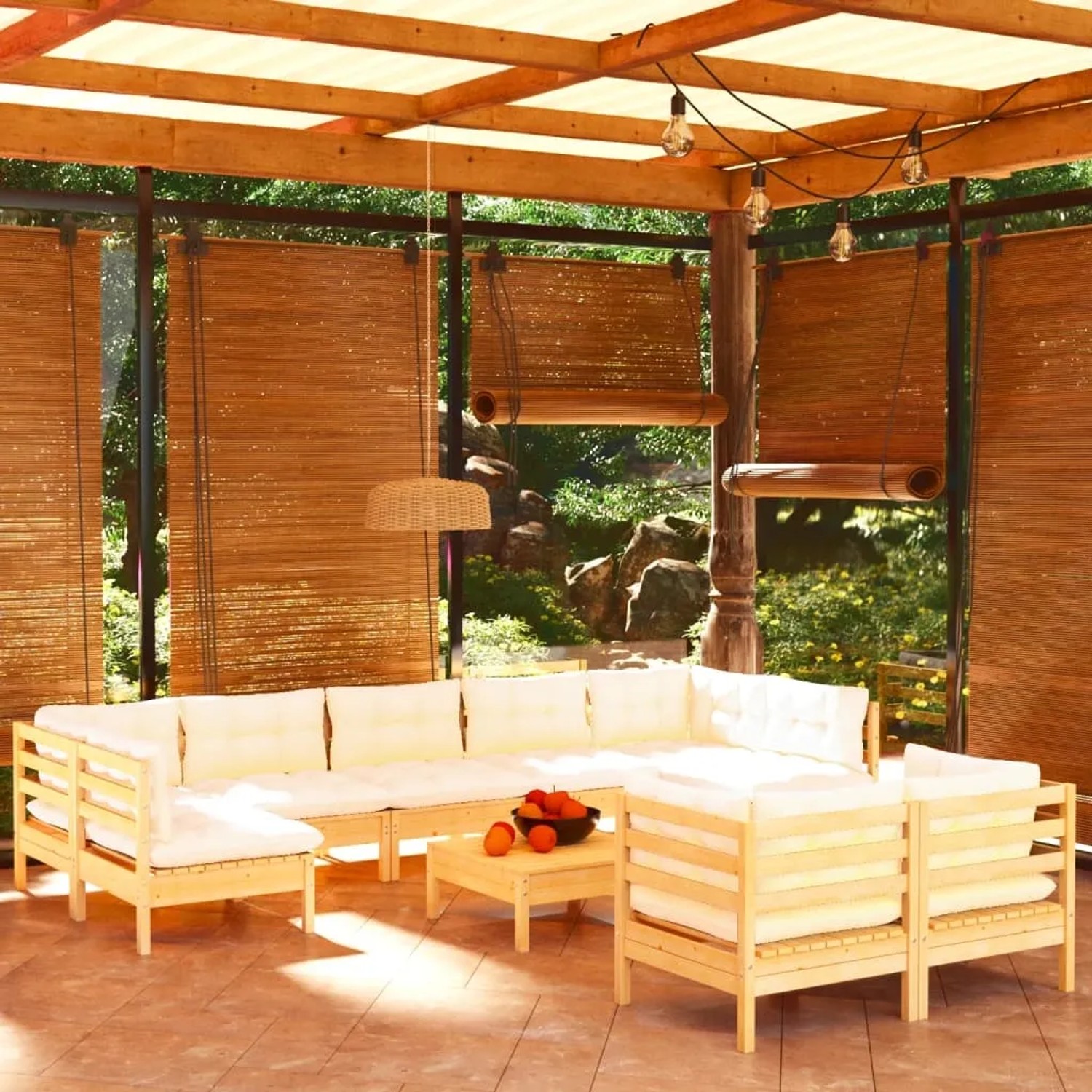 10-tlg. Garten Lounge Set aus Kiefernholz mit creme Kissen. Gartenmöbel für Terrasse und Garten.
