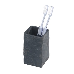 Wenko Zahnputzbecher Slate Rock in Schieferoptik mit zwei Zahnbürsten.