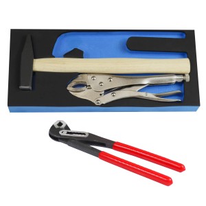 PROREGAL Werkzeugsatz für Werkstattwagen: Hammer, Grip- und Wasserpumpenzange im Schaumstoff-Einsatz.