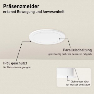 Runder, weißer Oktaplex Noa HF Präsenzmelder, IP65 Unterputz Deckenbewegungsmelder. Erkennt Bewegung, für Feuchträume.