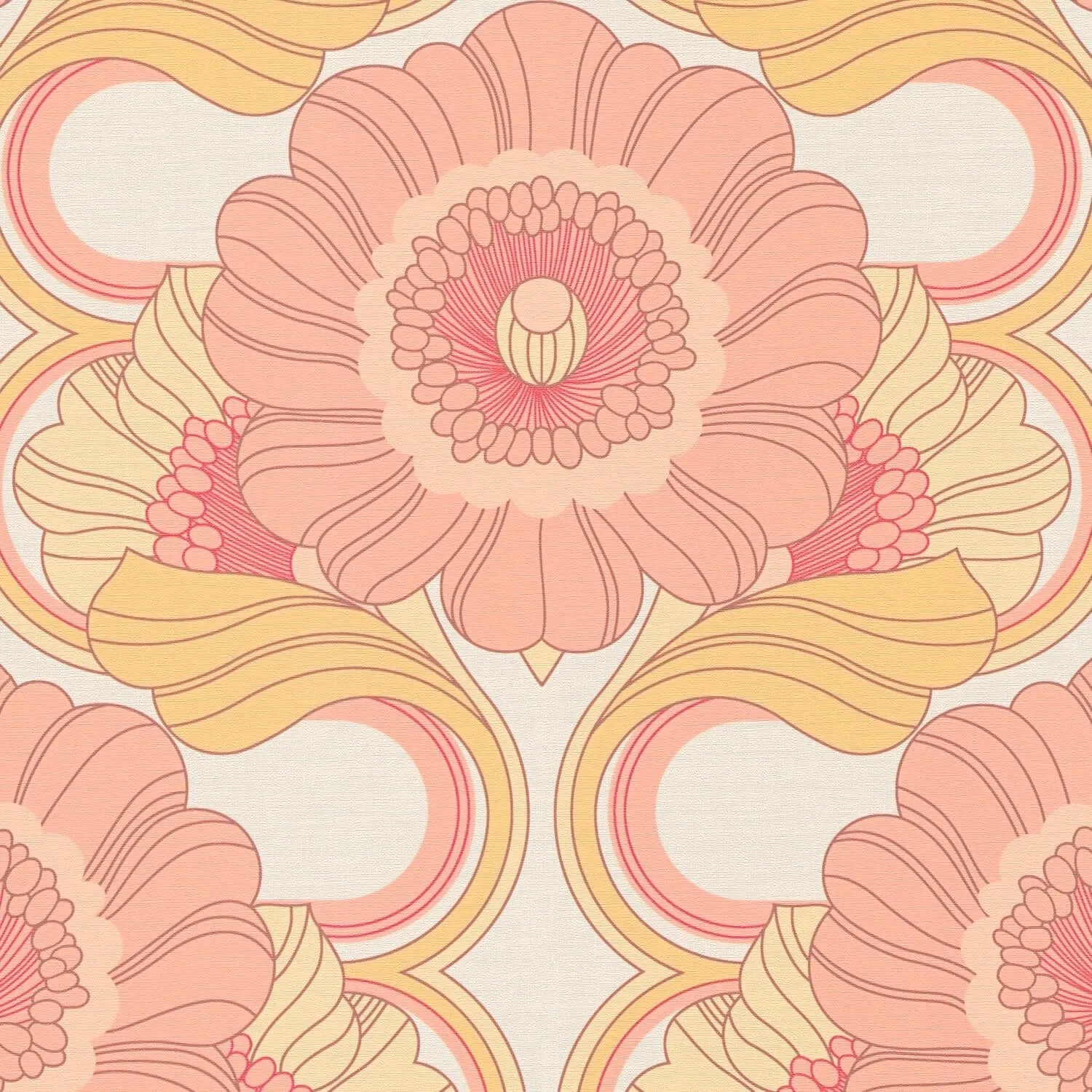 PROFHOME 395305-GU Retro Tapete Blumen Creme-Weiß Alt-Rosa Ocker-Gelb 0,53 m x 8,50 m 4,50 m2