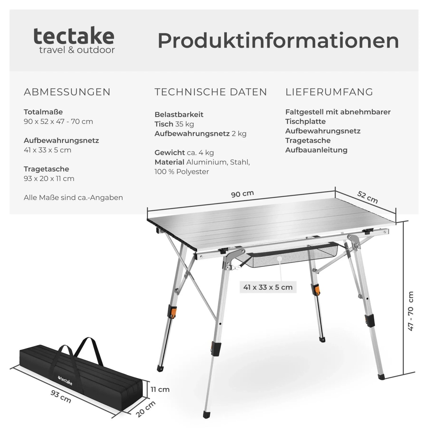 Tectake Aluminium Campingtisch Tina Faltbar Wetterfest 90 x 52 x 70 cm Silber_6