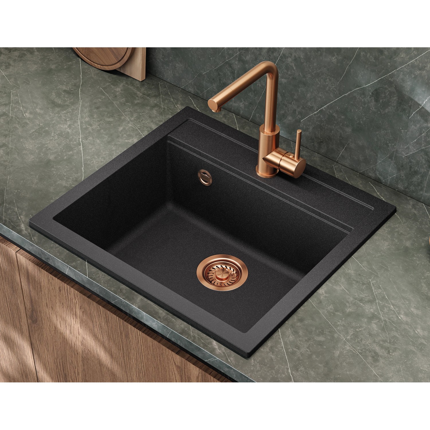 Helika Einbauspüle Quadro 56 cm x 51 cm Schwarz inkl. Kupferventil_6