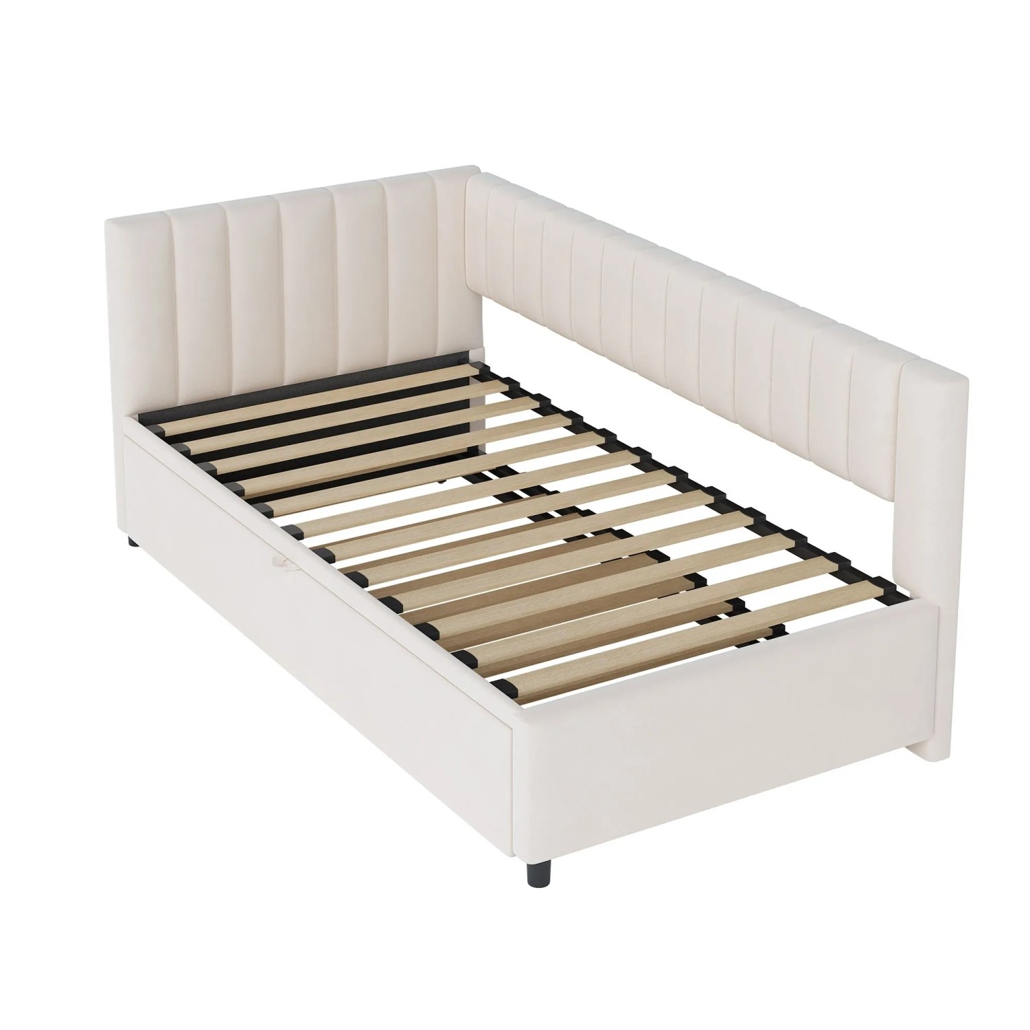 KOMHTOM L-Förmiges Schlafsofa Mit Ausziehbett 90/180x200Cm Polsterbett In Samtstoff Platzsparendes Design Für Kinderbett Gästebett Beige