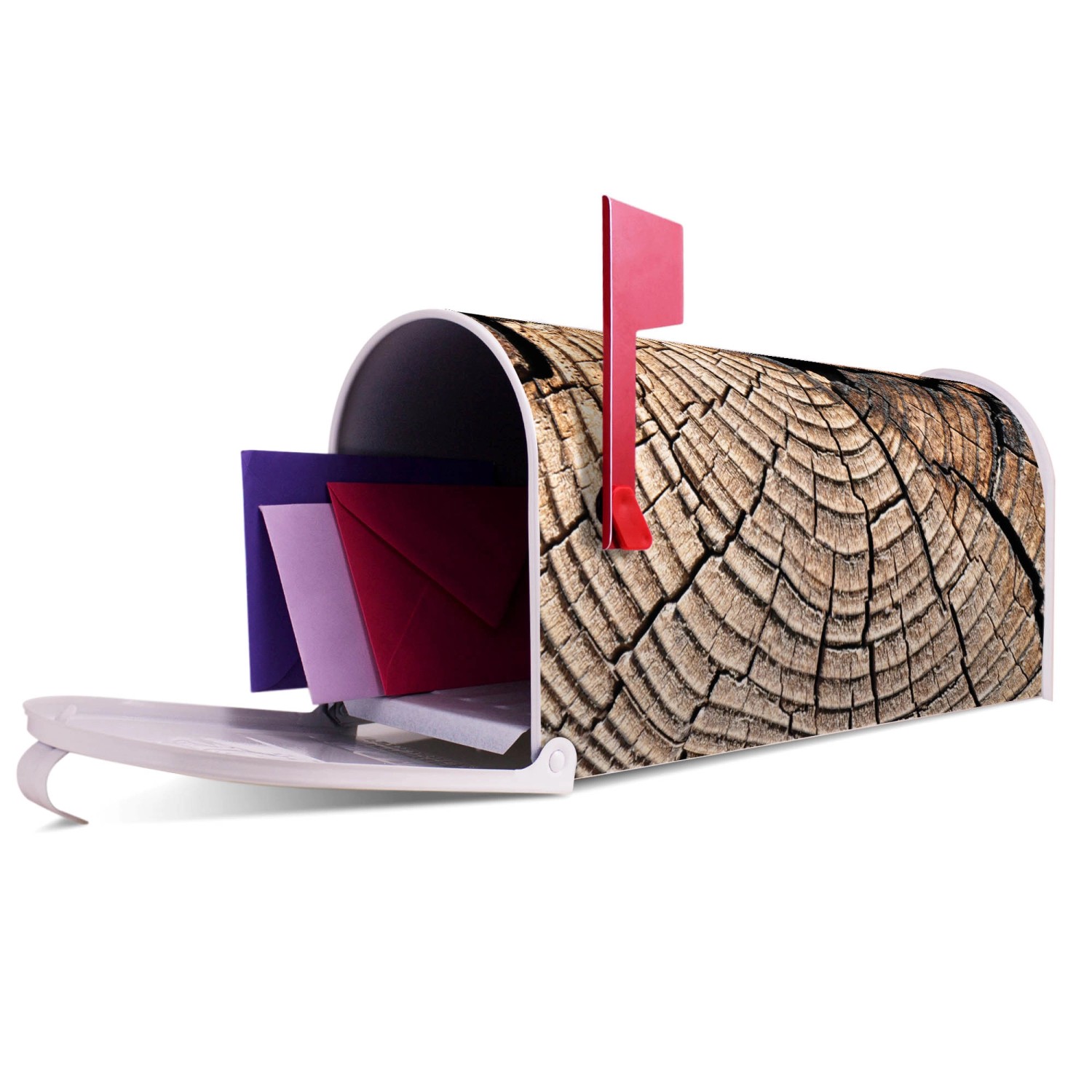 Weißer Banjado US Briefkasten mit Holz-Motiv und geöffneter Klappe, gefüllt mit Briefen.