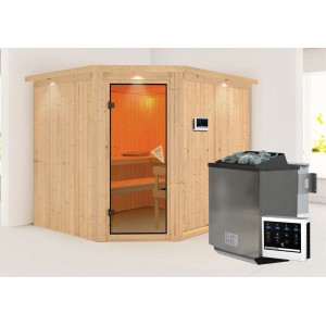 Karibu Sauna mit Bio-Ofen und LED-Dachkranz aus naturbelassenem Holz.