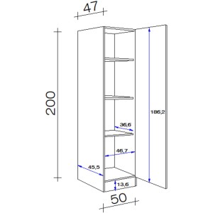 Technische Zeichnung: Flex-Well Classic Geschirrschrank Speed, 50 cm, Weiß, mit Maßen und geöffneter Tür.