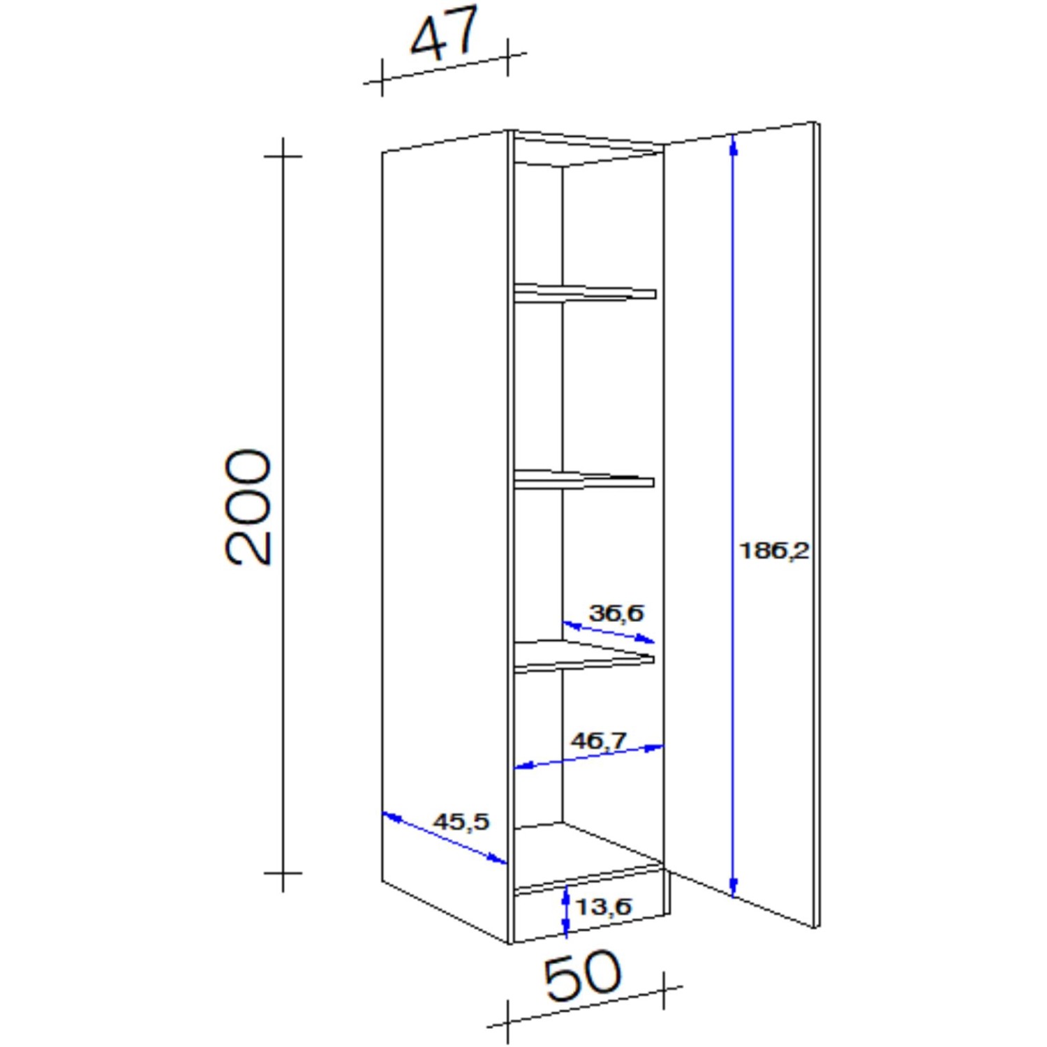Technische Zeichnung: Flex-Well Classic Geschirrschrank Speed, 50 cm, Weiß, mit Maßen und geöffneter Tür.