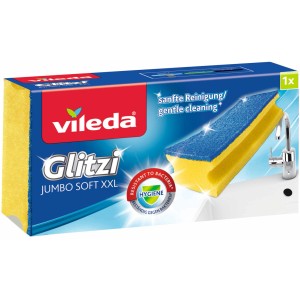 Vileda Glitzi Jumbo Sanft Reinigungsschwamm im Karton, blau-gelb, mit Griffrille.
