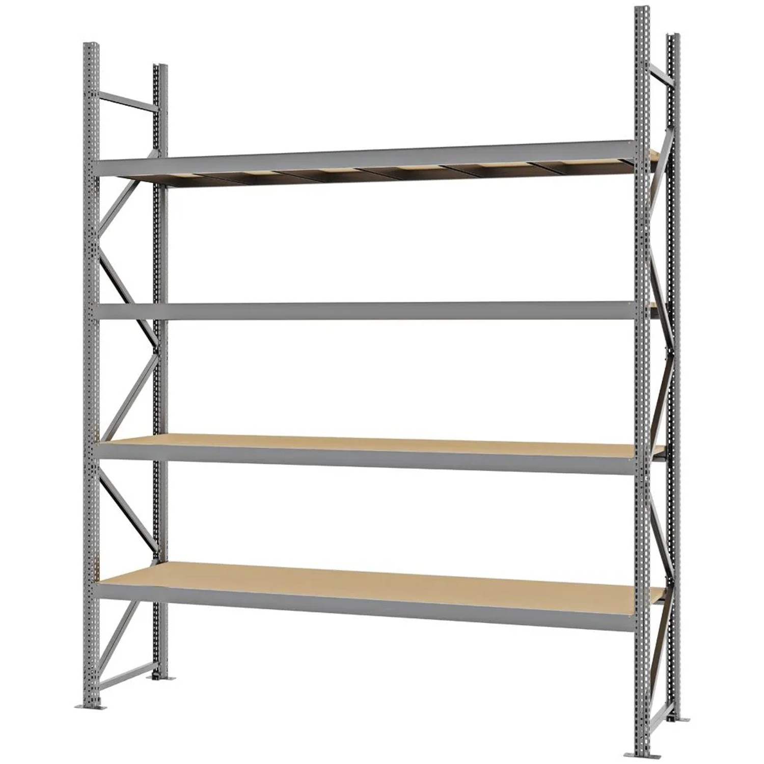 PROREGAL Weitspannregal Schraub-Stecksystem MAGNUS PRO Made In Germany Grundregal 300x250x60cm 4 Ebenen Spanplattenböden Fachlast 430kg Verzinkt