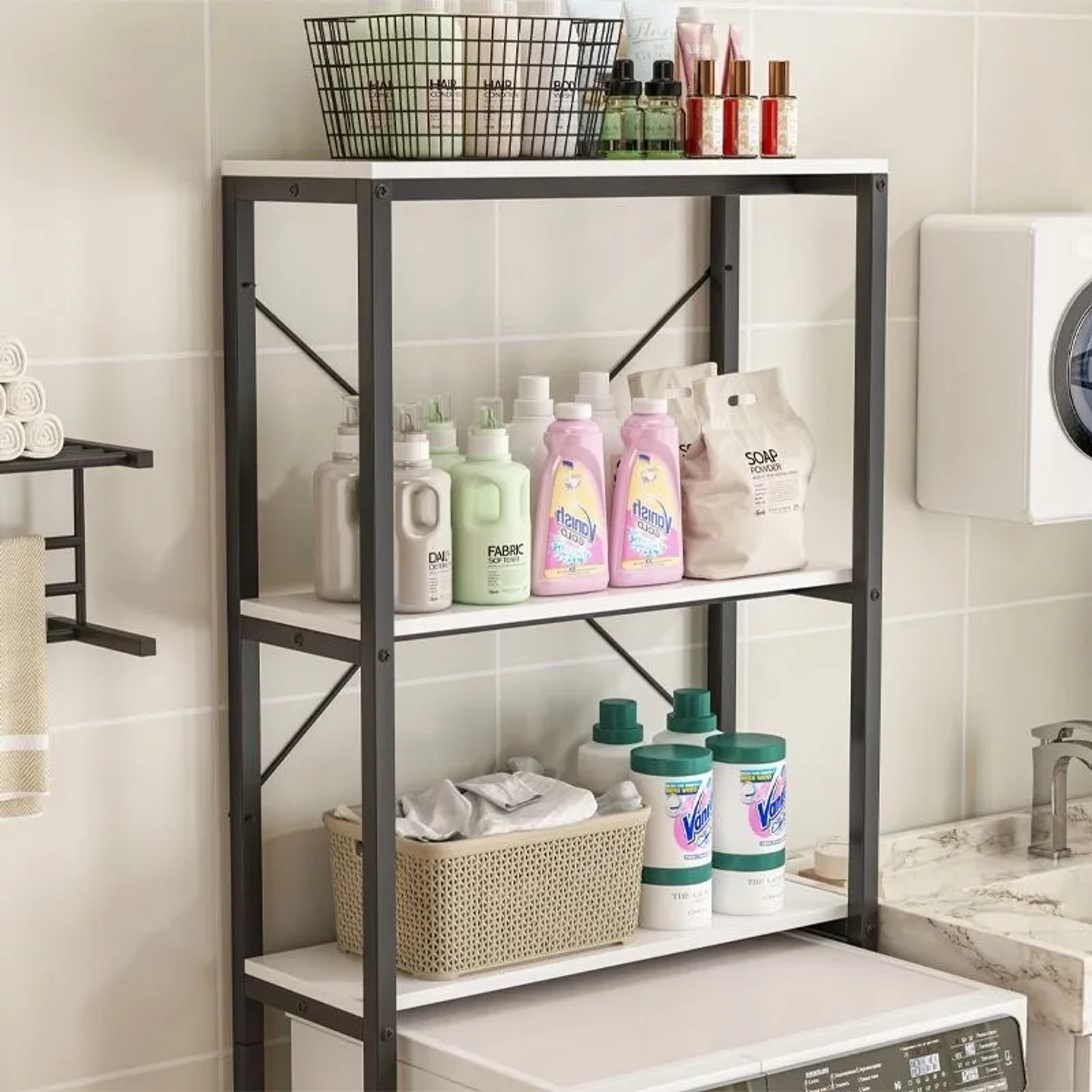 Rebiko Regal: Badezimmerschrank mit drei Ablagen über Waschmaschine/Toilette, 160 cm hoch.