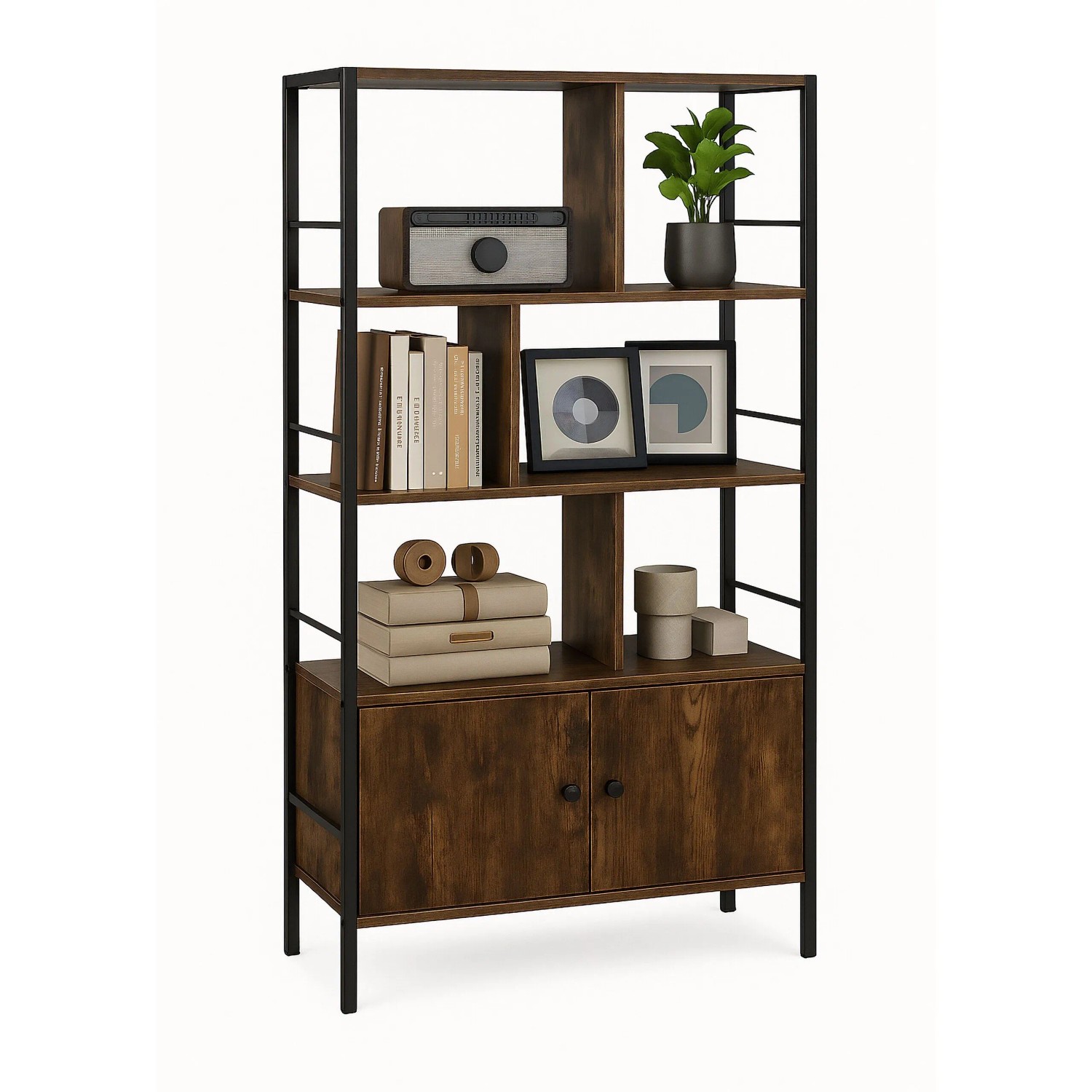 Relaxdays Bücherregal mit Unterschrank Holzwerkstoff Stahl Schwarz Höhenverstellbar 154,5 cm x 74 cm x 30 cm 25,7 kg