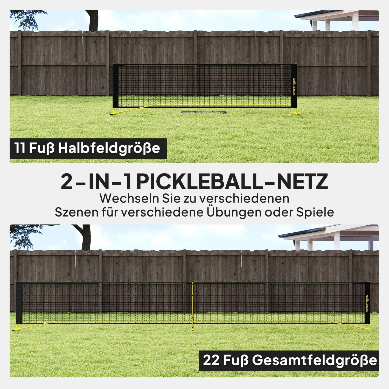 SPORTNOW 2-in-1 Pickleball Netz, schwarz-gelb, aus Metall und Polyester, in 11 & 22 Fuß Größe auf Rasen. Ideal für Sport & Fitness.