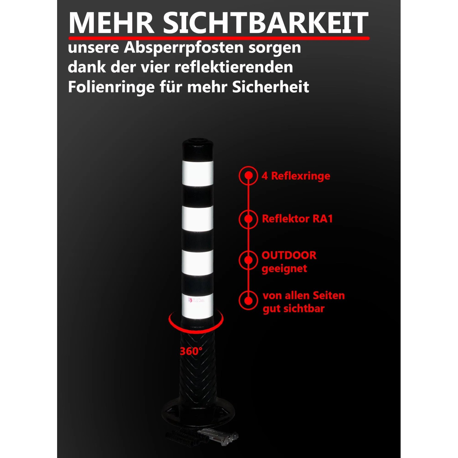 Schwarzer UvV Absperrpfosten Ecoline, 100cm, mit Reflexstreifen und Befestigung.