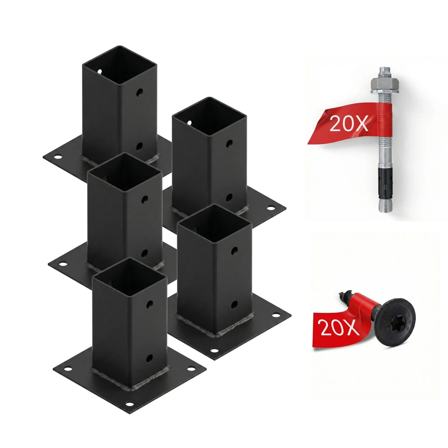 HOLLMAX 5 Stk. Aufschraubhülse/Pfostenträger 71 mm Komplettset Pulverbeschichtet Schwarz für Vierkantpfosten